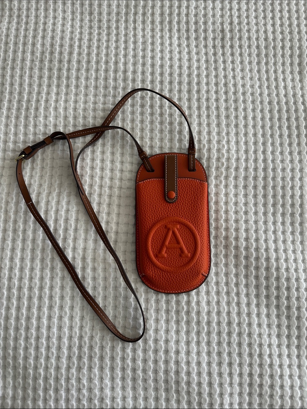 Leather Crossbody Phone Pouch in Burnt Orange with Embossed 'A'